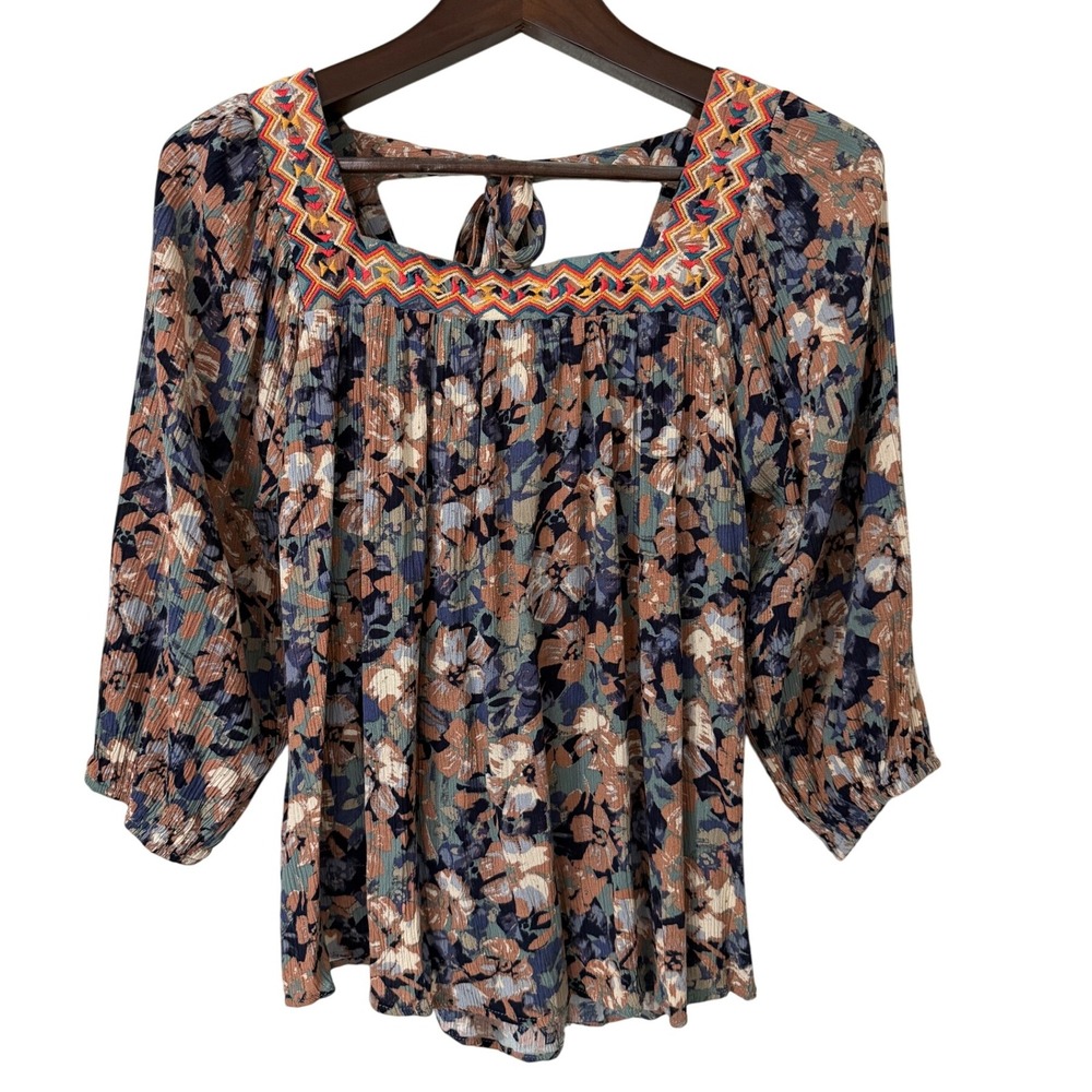 Savanna Jane Boho Floral Print Square Neck Tie Back Blouse Top Rayon Size Medium
